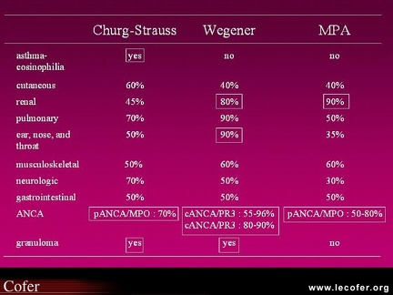 Vascularites : Diagnostic différentiel entre syndrome de Churg-Strauss, Wegener et micropolyangéite